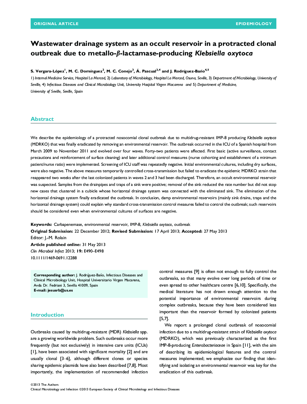 Wastewater drainage system as an occult reservoir in a protracted clonal outbreak due to metallo-β-lactamase-producing Klebsiella oxytoca 