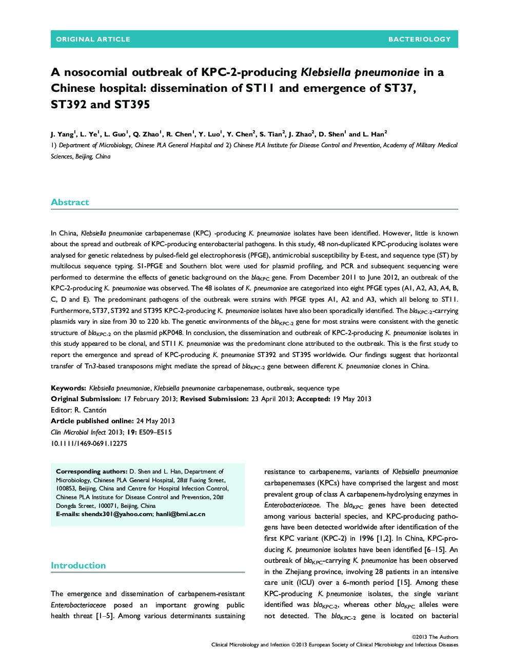 عکس صفحه اول مقاله: A nosocomial outbreak of KPC-2-producing Klebsiella pneumoniae in a Chinese hospital: dissemination of ST11 and emergence of ST37, ST392 and ST395 A nosocomial outbreak of KPC-2-producing Klebsiella pneumoniae in a Chinese hospital: dissemination of ST11 and emergence of ST37, ST392 and ST395