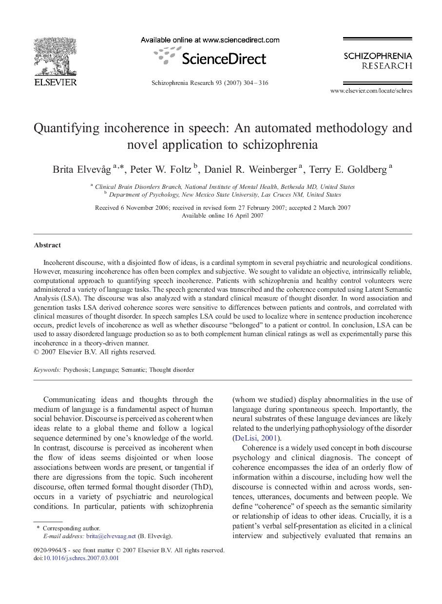 Quantifying incoherence in speech: An automated methodology and novel application to schizophrenia