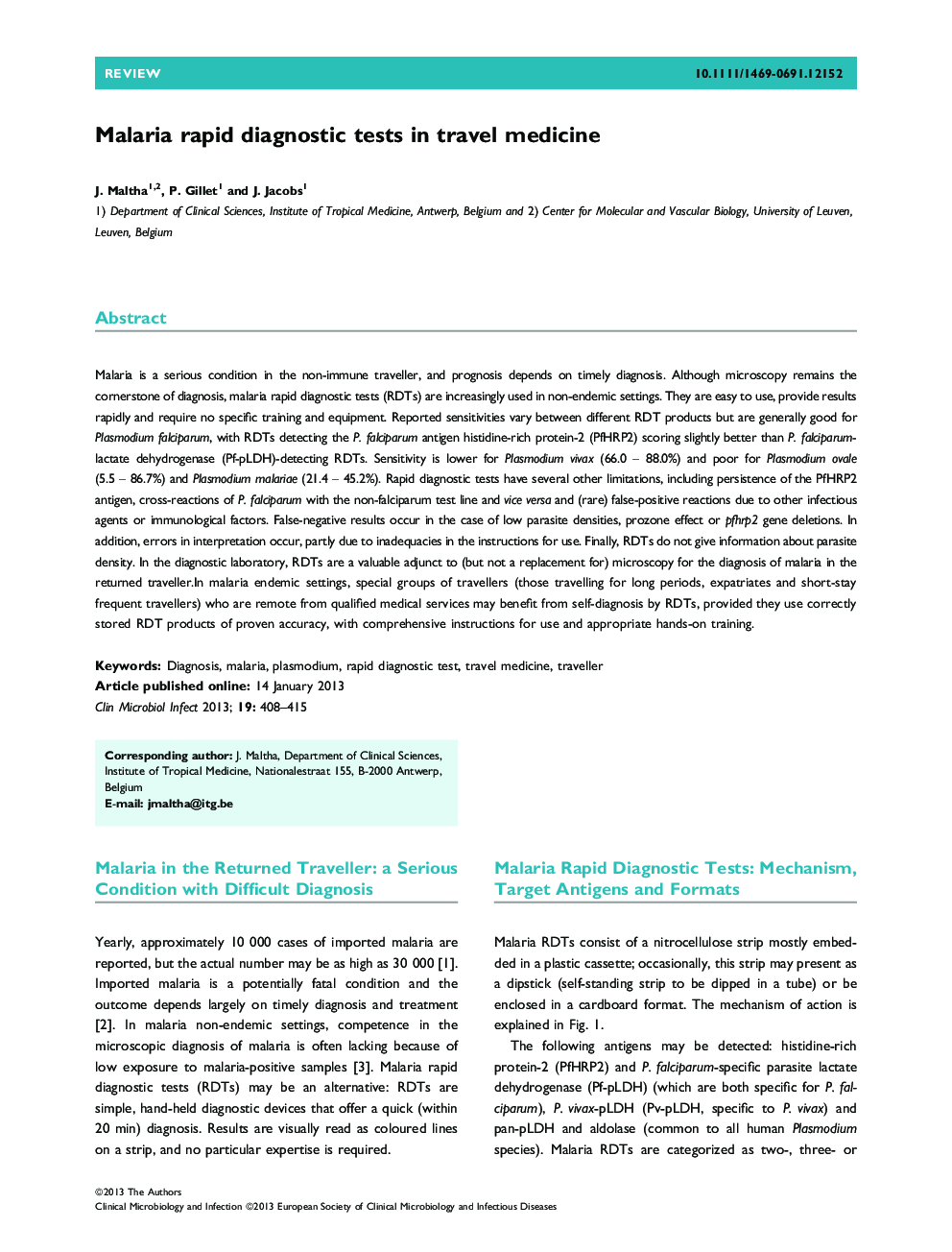 Malaria rapid diagnostic tests in travel medicine 