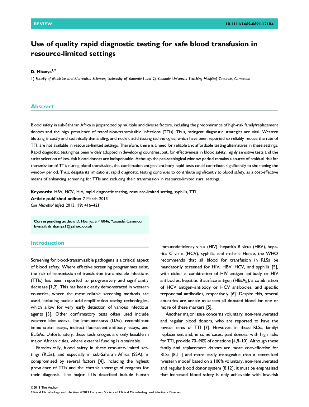 Use of quality rapid diagnostic testing for safe blood transfusion in resource-limited settings 