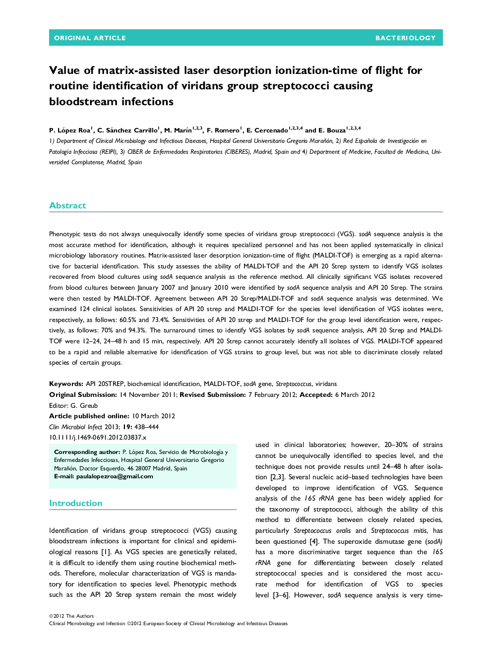 Value of matrix-assisted laser desorption ionization-time of flight for routine identification of viridans group streptococci causing bloodstream infections 