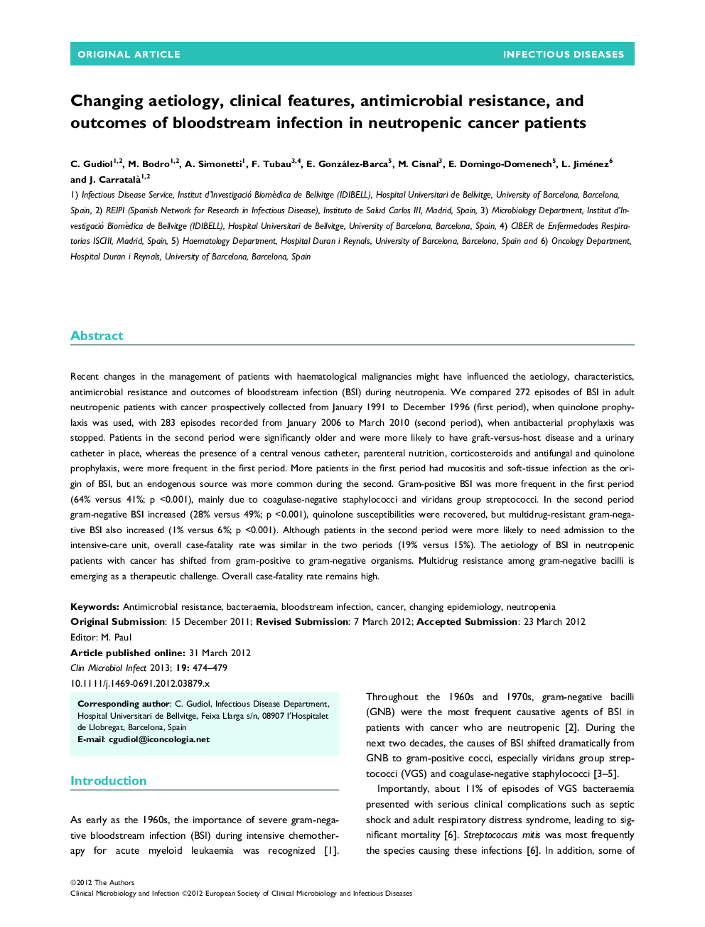 Changing aetiology, clinical features, antimicrobial resistance, and outcomes of bloodstream infection in neutropenic cancer patients 