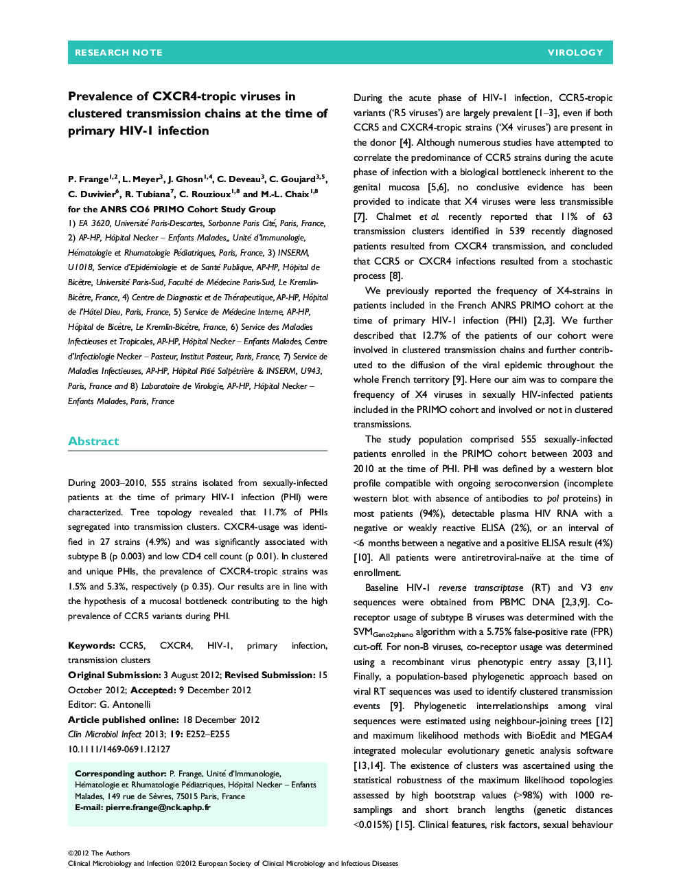 Prevalence of CXCR4-tropic viruses in clustered transmission chains at the time of primary HIV-1 infection 