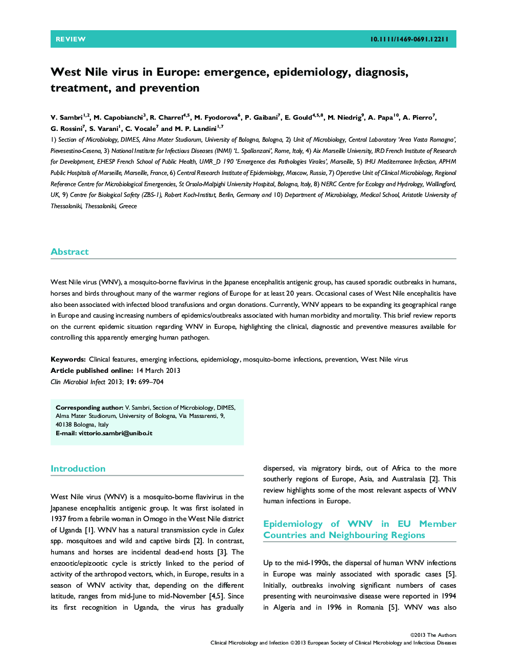 West Nile virus in Europe: emergence, epidemiology, diagnosis, treatment, and prevention