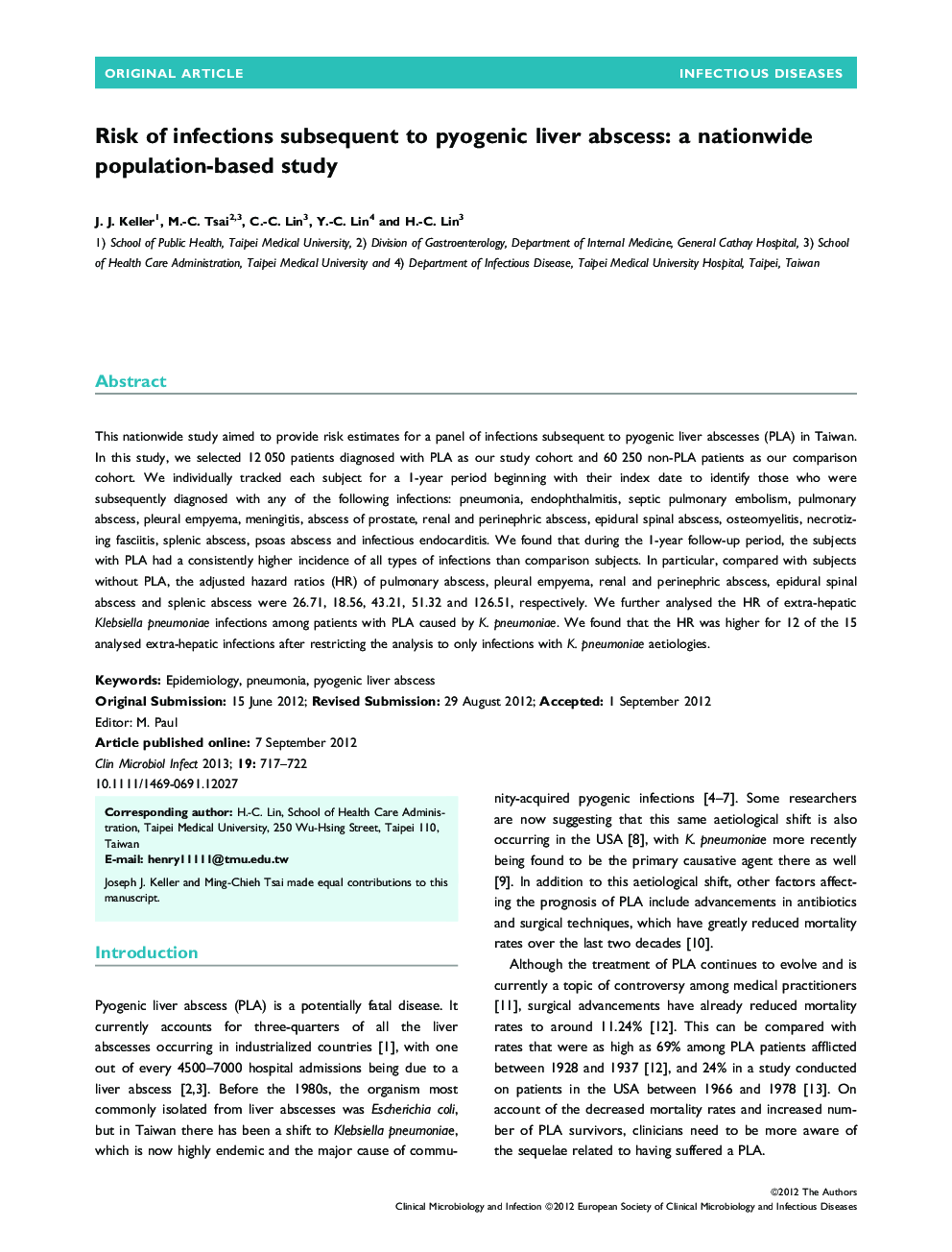 Risk of infections subsequent to pyogenic liver abscess: a nationwide population-based study 