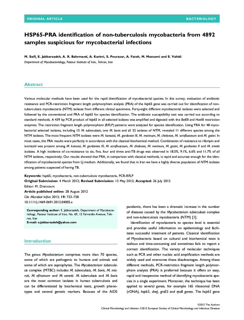 HSP65-PRA identification of non-tuberculosis mycobacteria from 4892 samples suspicious for mycobacterial infections 