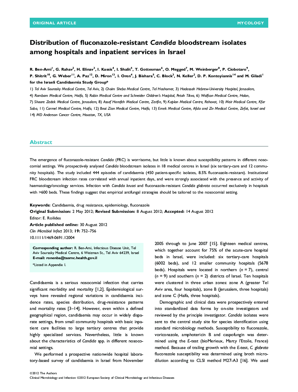 Distribution of fluconazole-resistant Candida bloodstream isolates among hospitals and inpatient services in Israel 