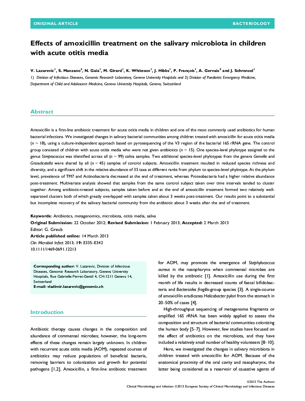 Effects of amoxicillin treatment on the salivary microbiota in children with acute otitis media 