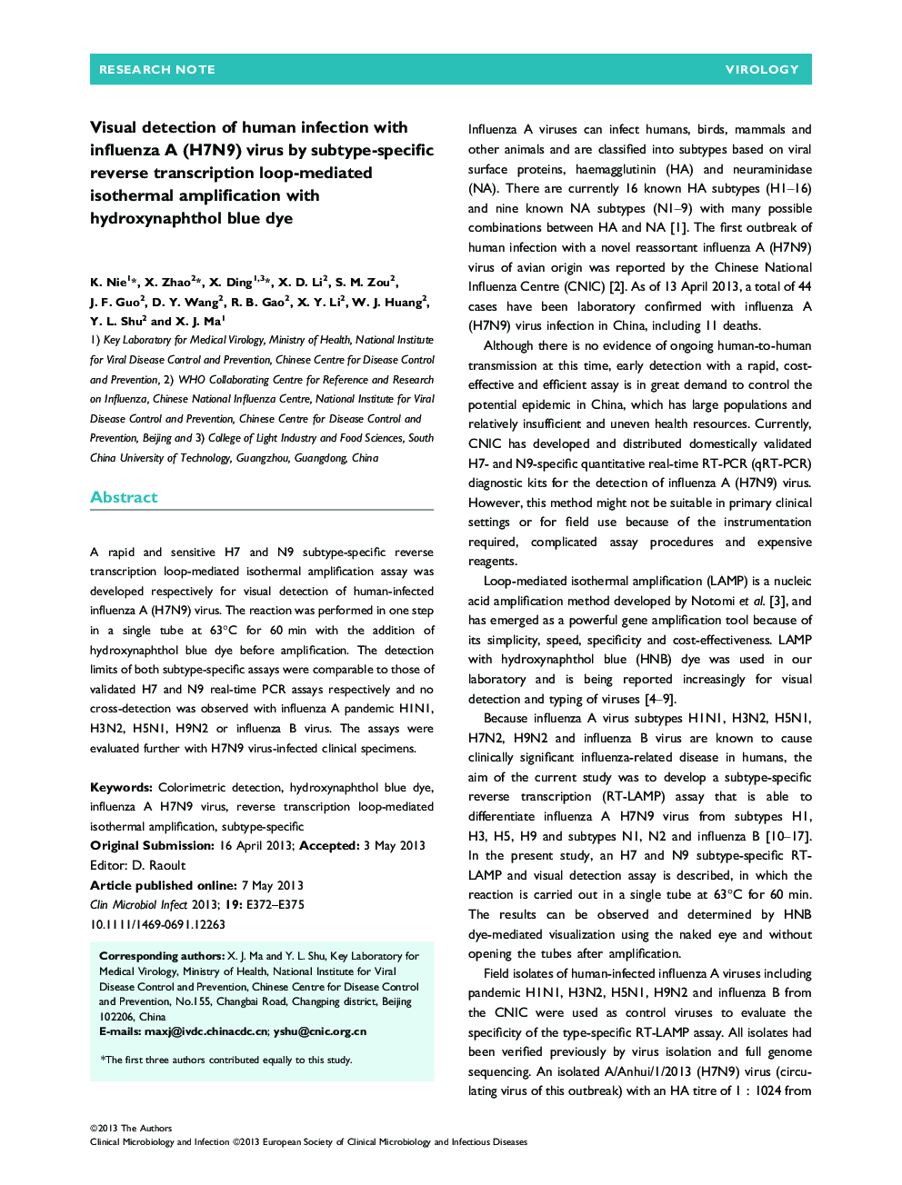 Visual detection of human infection with influenza A (H7N9) virus by subtype-specific reverse transcription loop-mediated isothermal amplification with hydroxynaphthol blue dye 