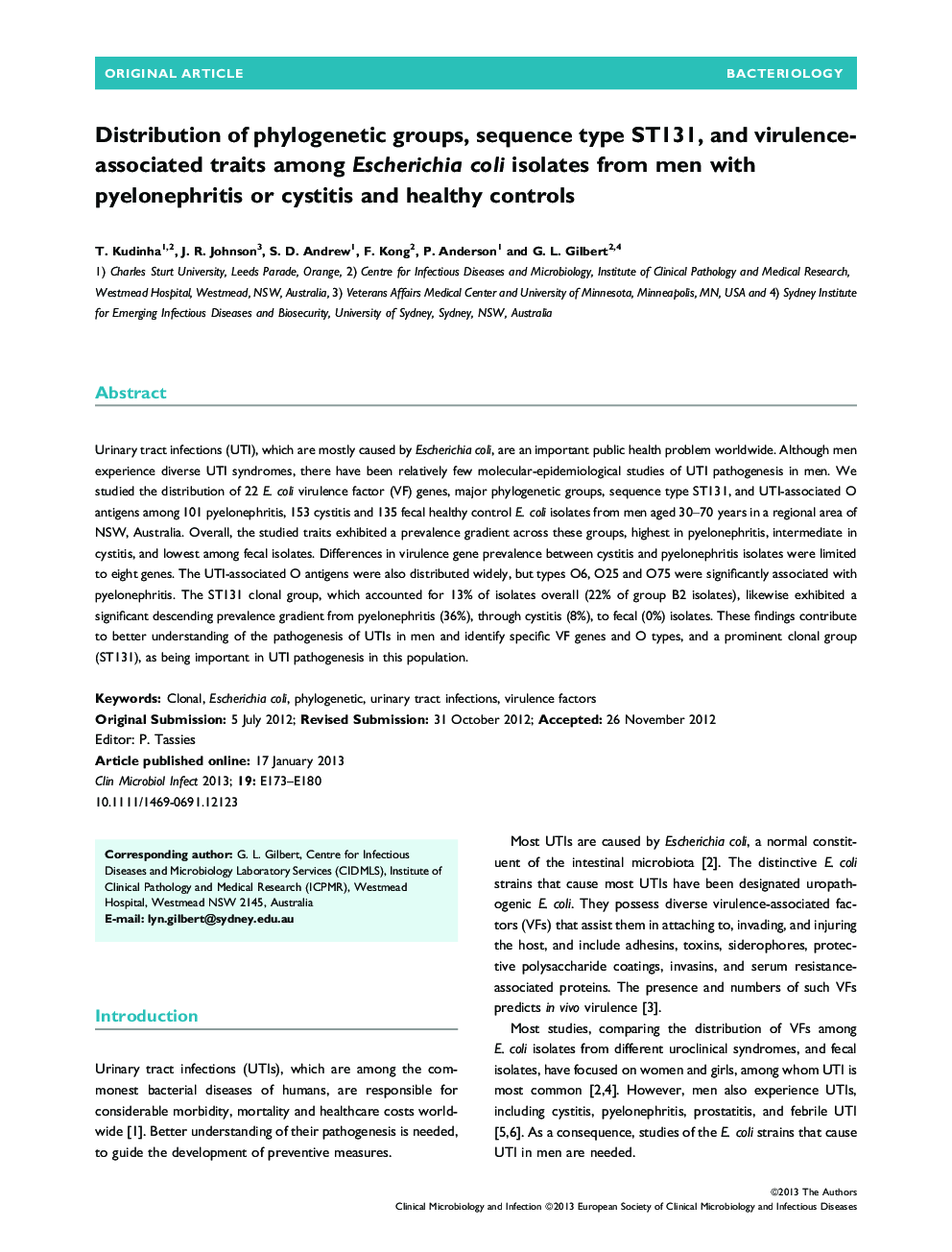 Distribution of phylogenetic groups, sequence type ST131, and virulence-associated traits among Escherichia coli isolates from men with pyelonephritis or cystitis and healthy controls 