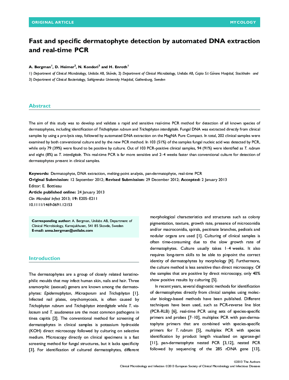 Fast and specific dermatophyte detection by automated DNA extraction and real-time PCR 