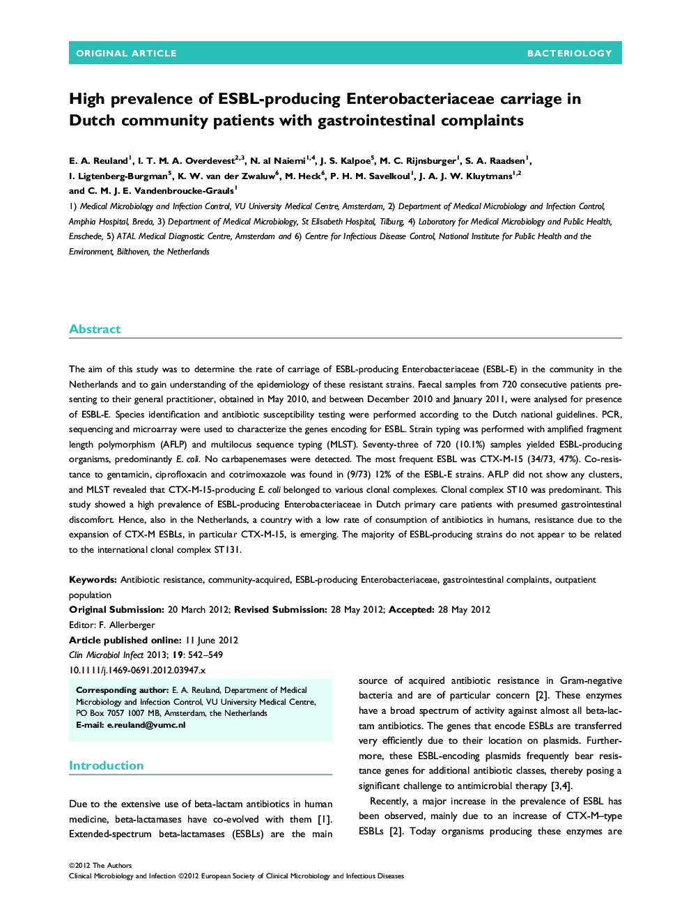 High prevalence of ESBL-producing Enterobacteriaceae carriage in Dutch community patients with gastrointestinal complaints 