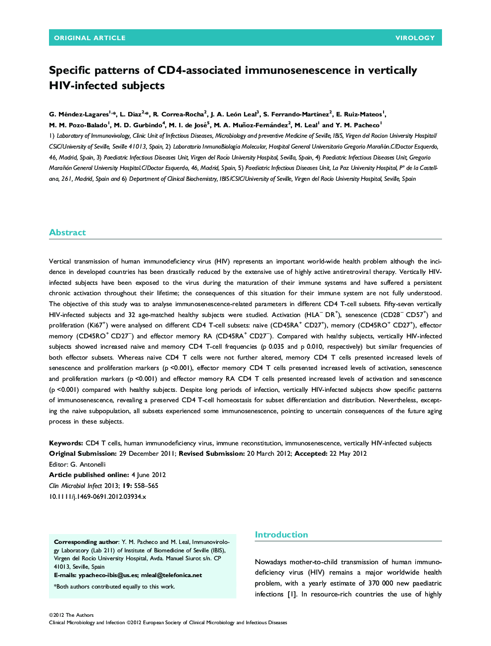 Specific patterns of CD4-associated immunosenescence in vertically HIV-infected subjects 