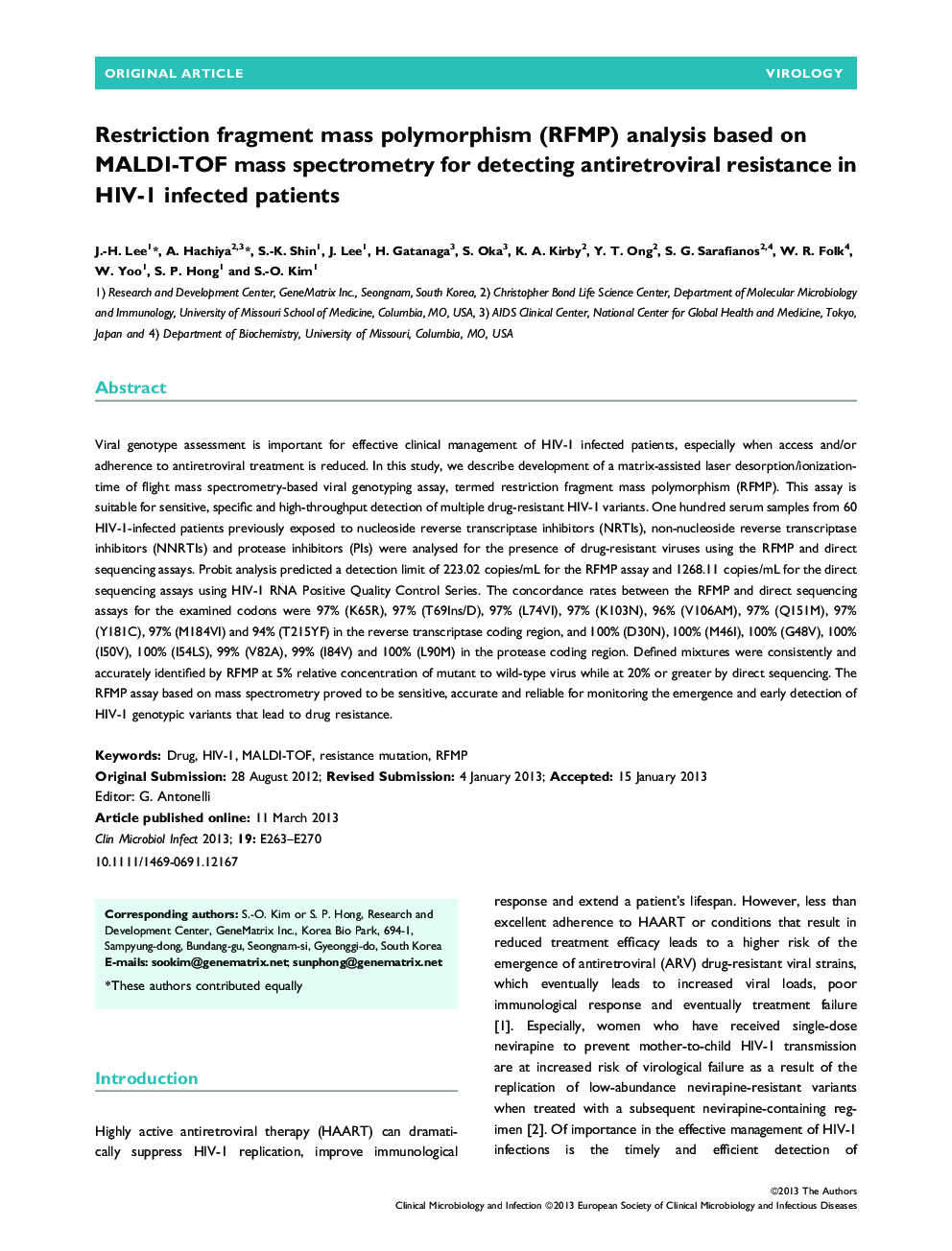 Restriction fragment mass polymorphism (RFMP) analysis based on MALDI-TOF mass spectrometry for detecting antiretroviral resistance in HIV-1 infected patients 