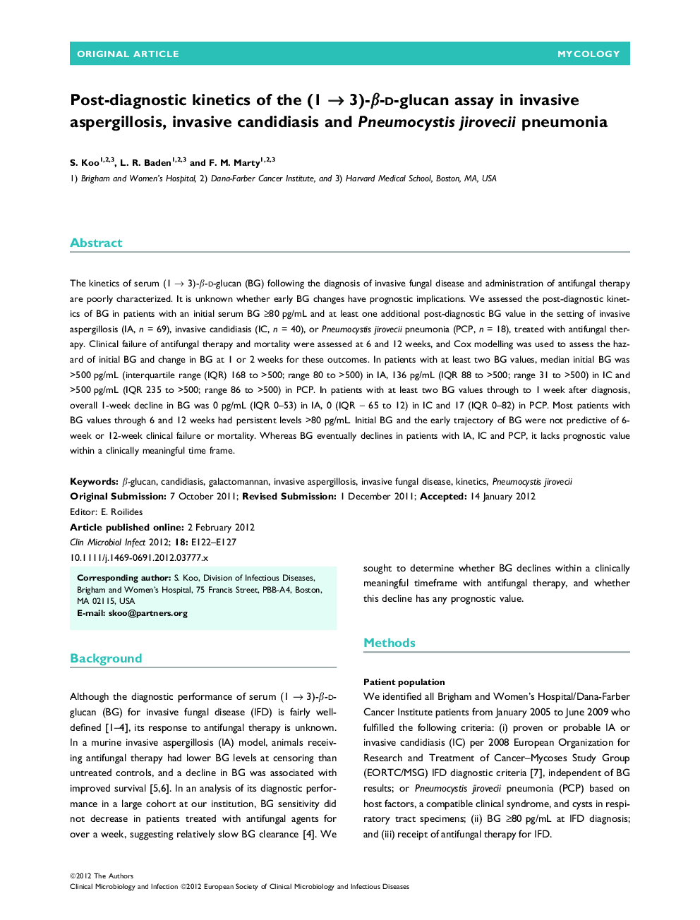 Post-diagnostic kinetics of the (1 → 3)-β-d-glucan assay in invasive aspergillosis, invasive candidiasis and Pneumocystis jirovecii pneumonia 