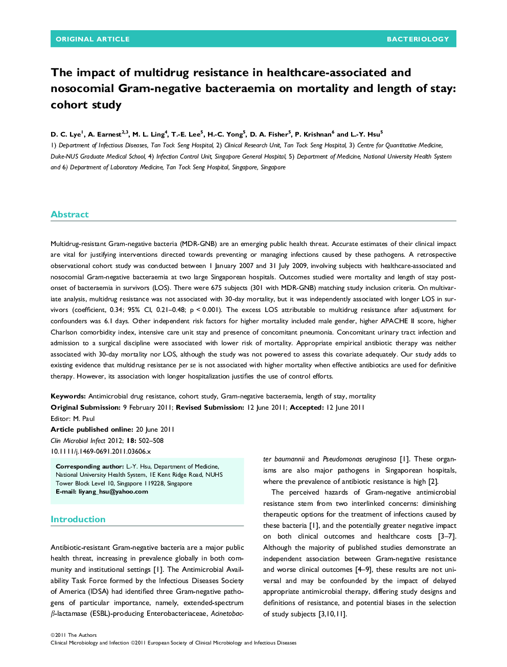 The impact of multidrug resistance in healthcare-associated and nosocomial Gram-negative bacteraemia on mortality and length of stay: cohort study 