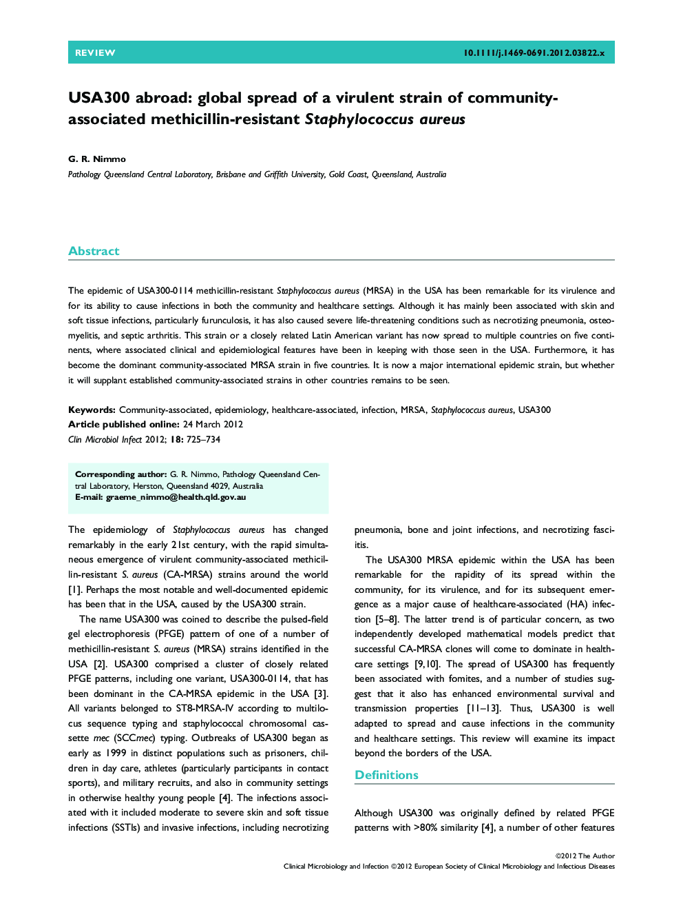 USA300 abroad: global spread of a virulent strain of community-associated methicillin-resistant Staphylococcus aureus 