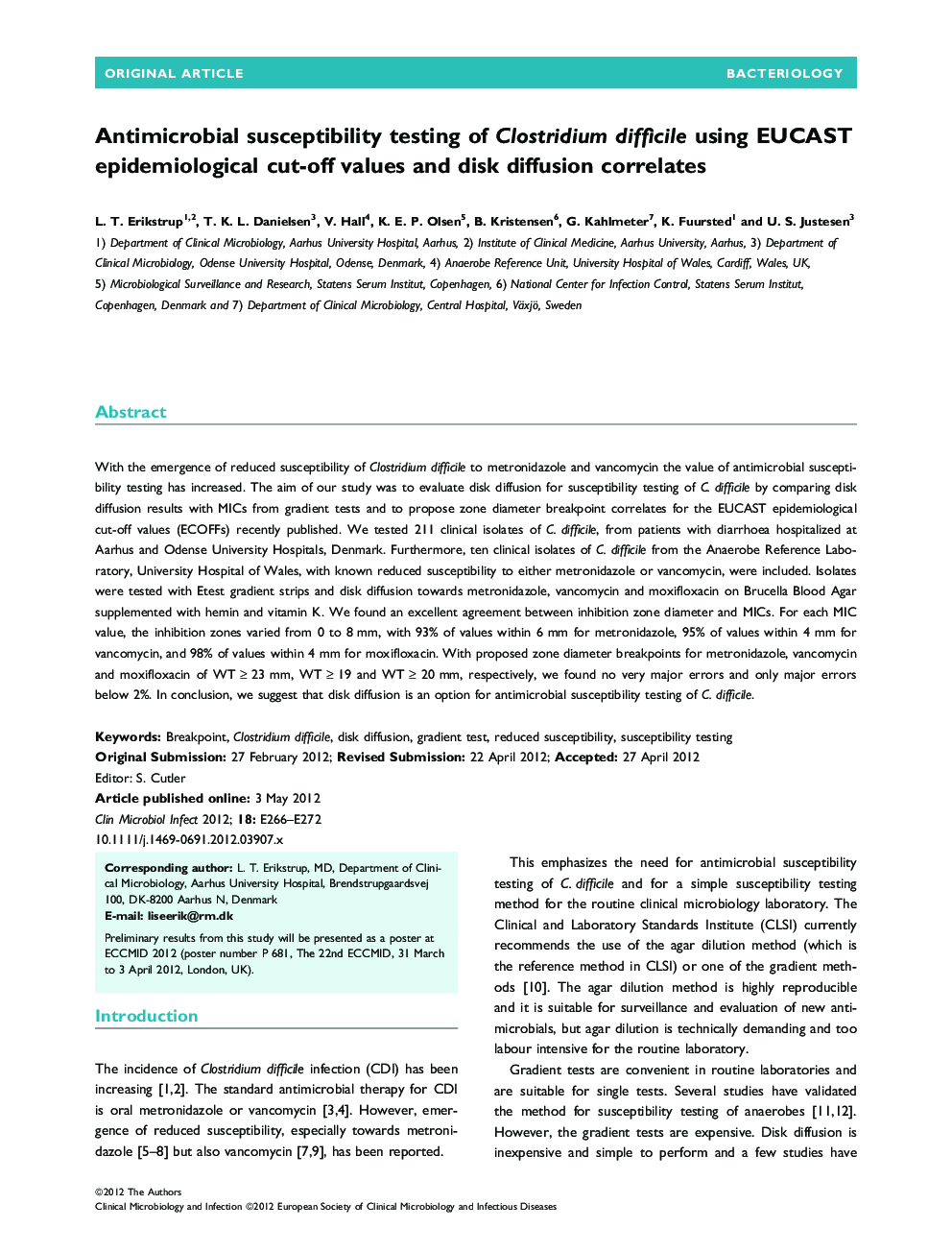 Antimicrobial susceptibility testing of Clostridium difficile using EUCAST epidemiological cut-off values and disk diffusion correlates 