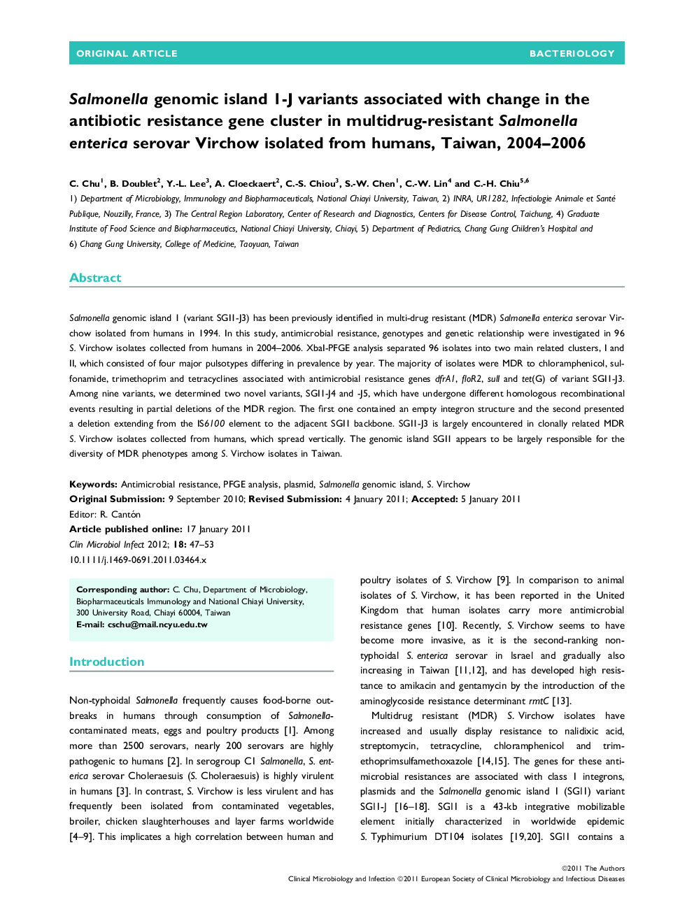 Salmonella genomic island 1-J variants associated with change in the antibiotic resistance gene cluster in multidrug-resistant Salmonella enterica serovar Virchow isolated from humans, Taiwan, 2004–2006 