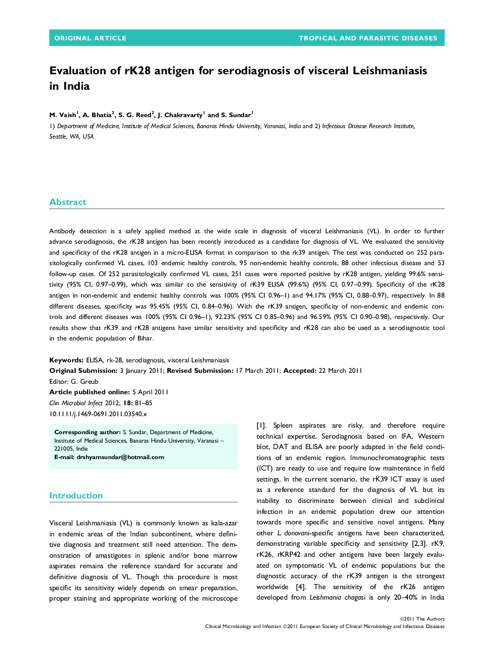 Evaluation of rK28 antigen for serodiagnosis of visceral Leishmaniasis in India 