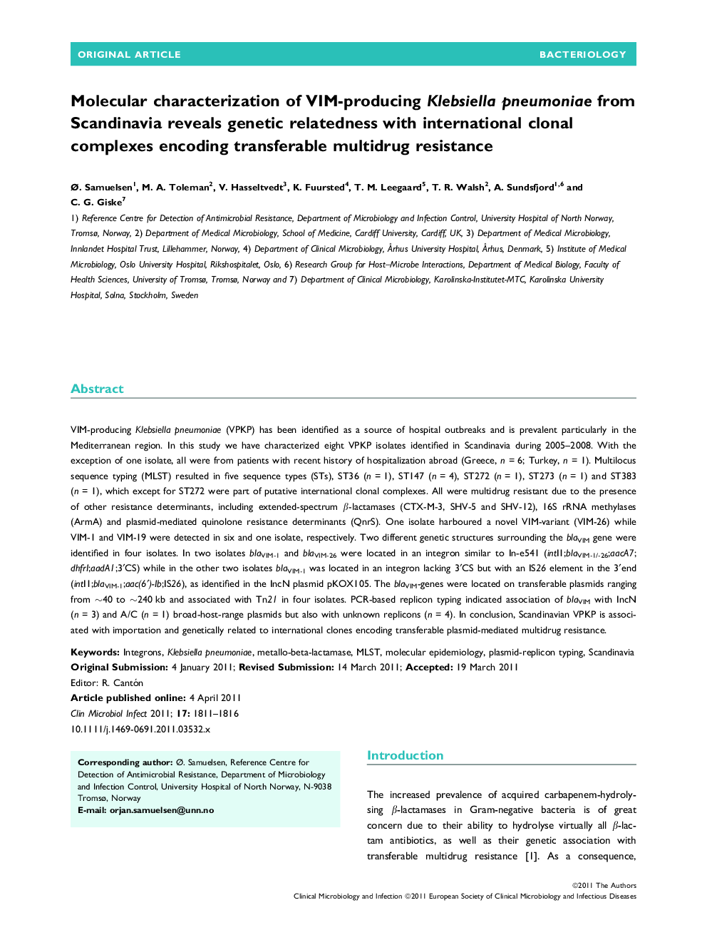 Molecular characterization of VIM-producing Klebsiella pneumoniae from Scandinavia reveals genetic relatedness with international clonal complexes encoding transferable multidrug resistance 