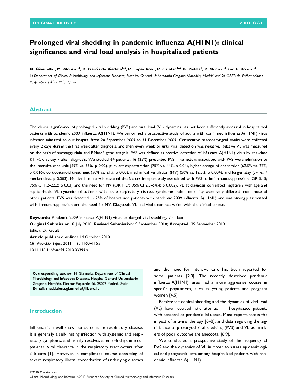 Prolonged viral shedding in pandemic influenza A(H1N1): clinical significance and viral load analysis in hospitalized patients 