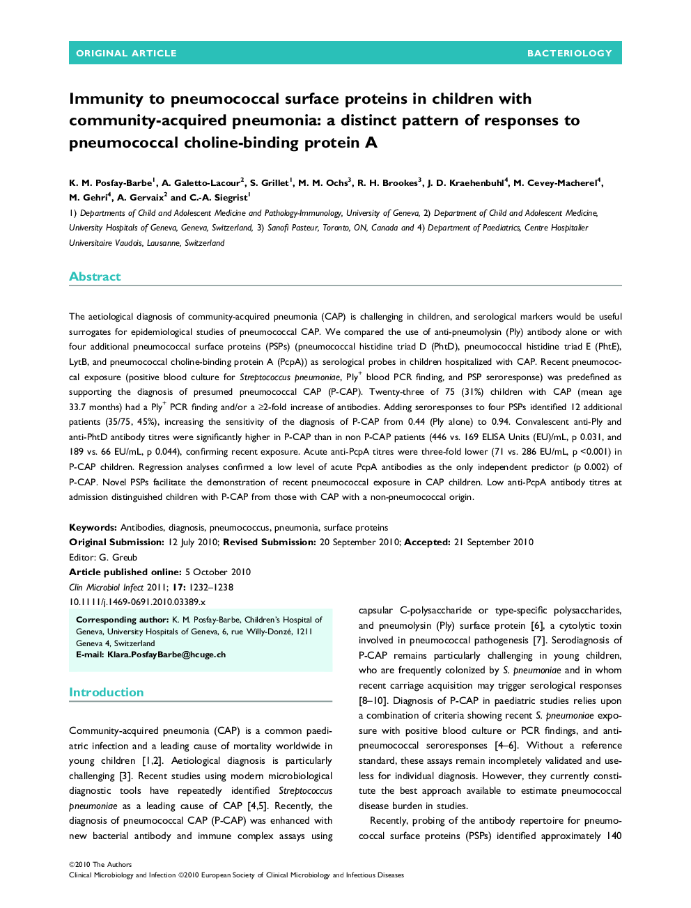 Immunity to pneumococcal surface proteins in children with community-acquired pneumonia: a distinct pattern of responses to pneumococcal choline-binding protein A 