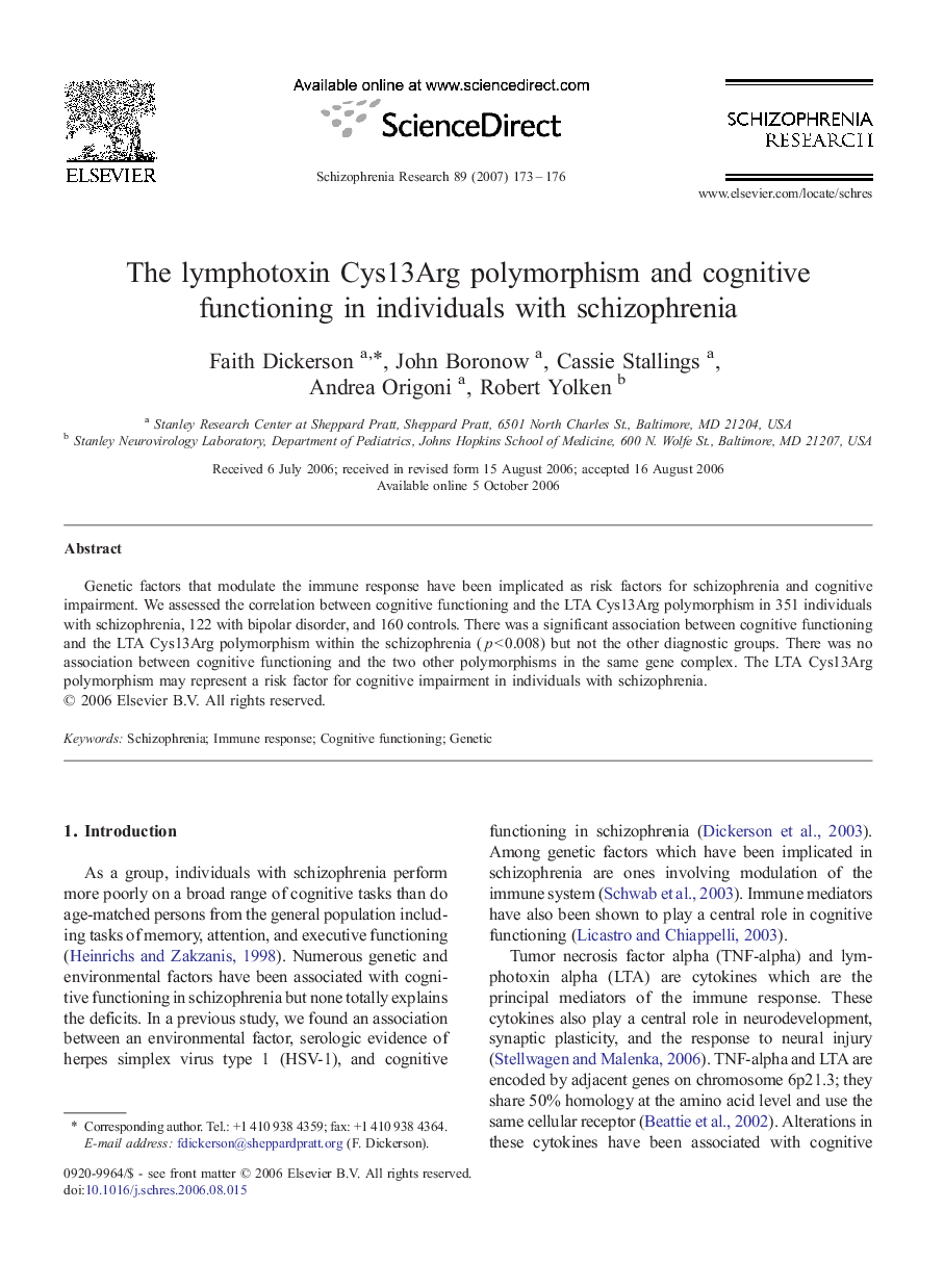 عکس صفحه اول مقاله: The lymphotoxin Cys13Arg polymorphism and cognitive functioning in individuals with schizophrenia The lymphotoxin Cys13Arg polymorphism and cognitive functioning in individuals with schizophrenia