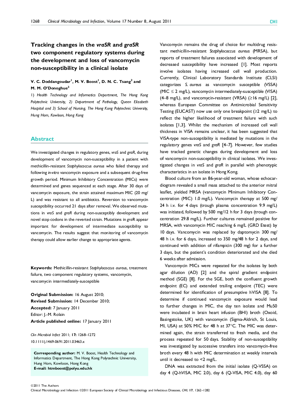 Tracking changes in the vraSR and graSR two component regulatory systems during the development and loss of vancomycin non-susceptibility in a clinical isolate 