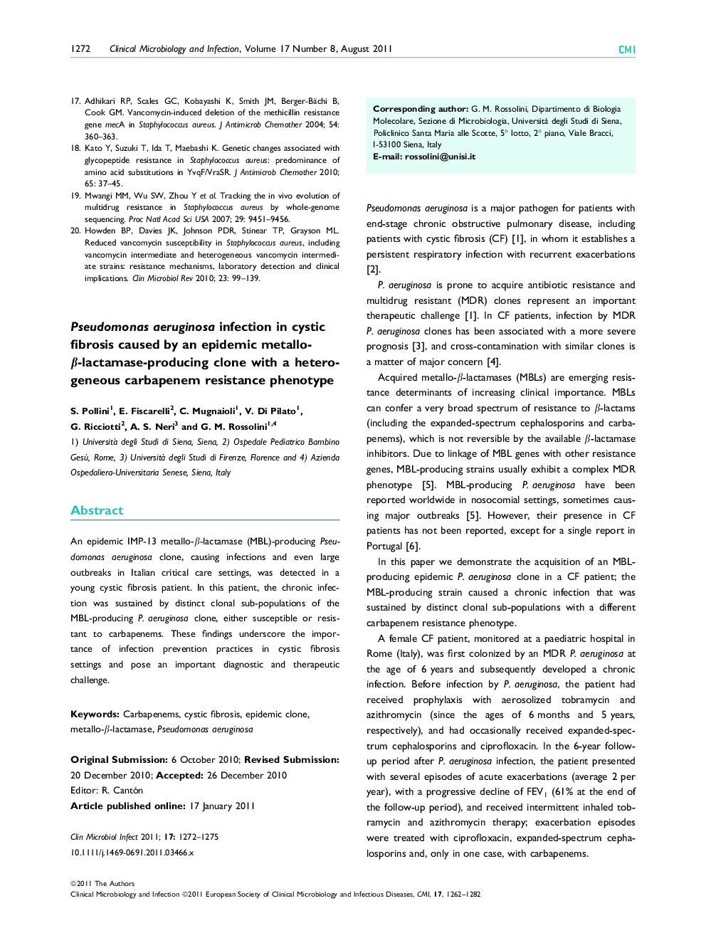 Pseudomonas aeruginosa infection in cystic fibrosis caused by an epidemic metallo-β-lactamase-producing clone with a heterogeneous carbapenem resistance phenotype 