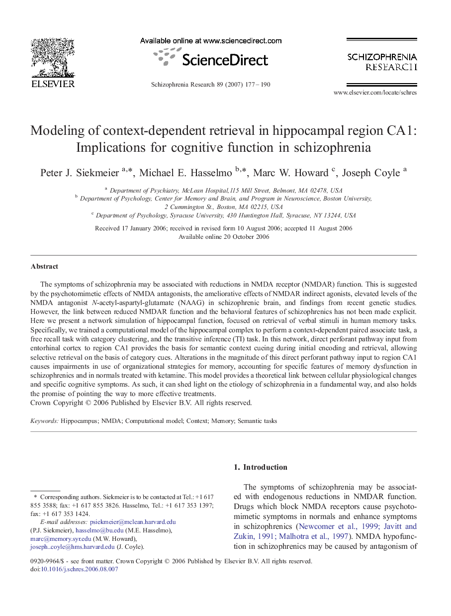 Modeling of context-dependent retrieval in hippocampal region CA1: Implications for cognitive function in schizophrenia
