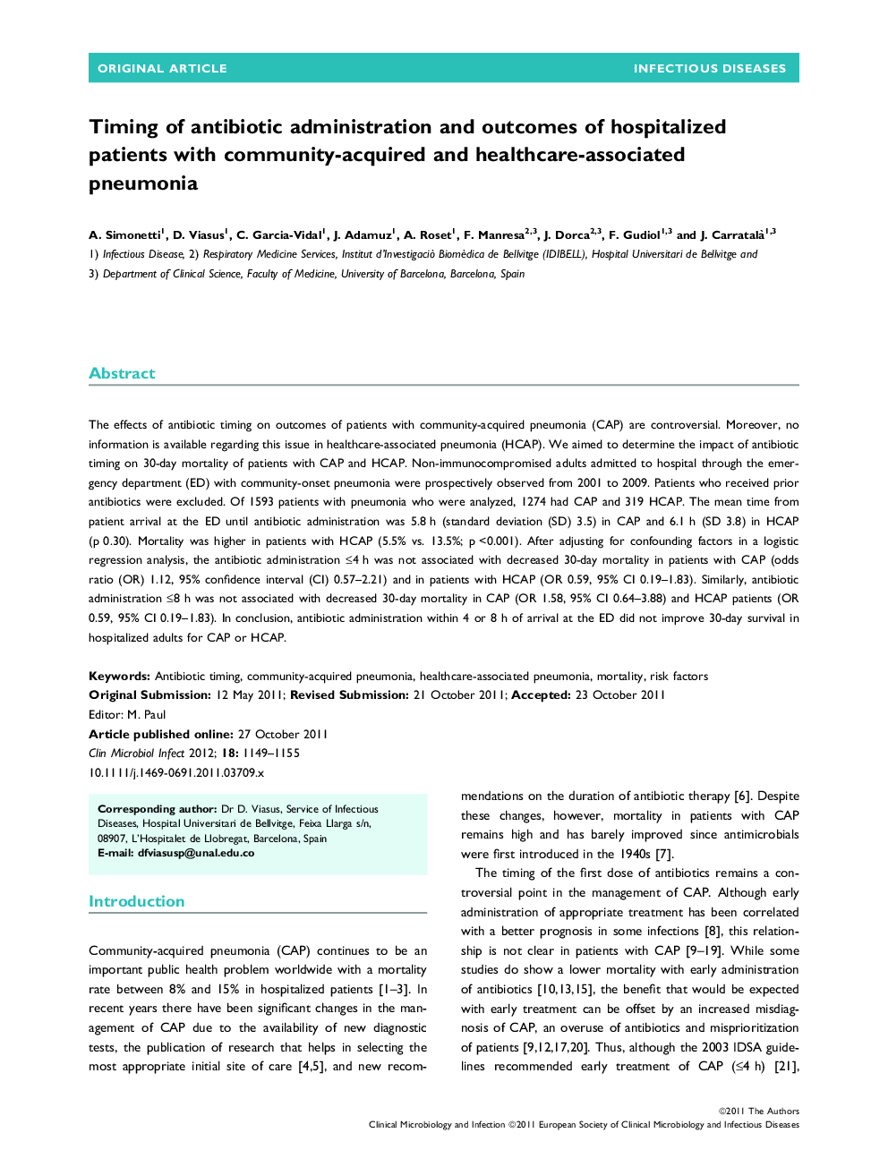 Timing of antibiotic administration and outcomes of hospitalized patients with community-acquired and healthcare-associated pneumonia 