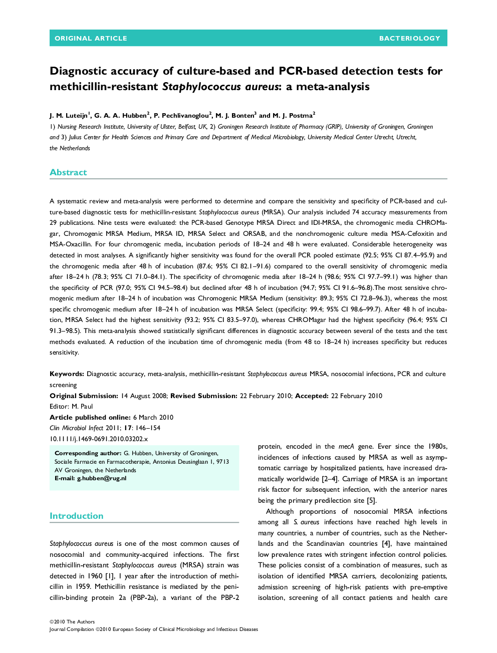 Diagnostic accuracy of culture-based and PCR-based detection tests for methicillin-resistant Staphylococcus aureus: a meta-analysis 