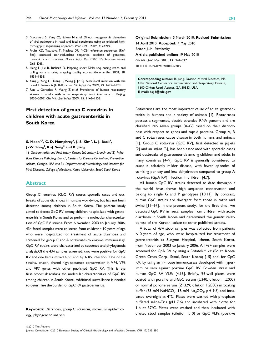 First detection of group C rotavirus in children with acute gastroenteritis in South Korea 