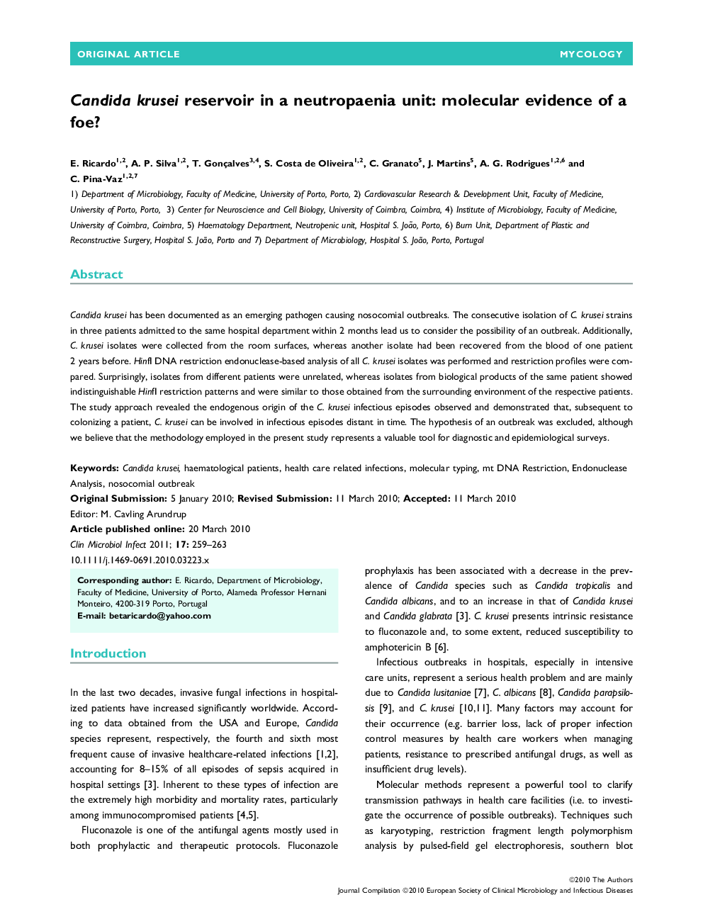 Candida krusei reservoir in a neutropaenia unit: molecular evidence of a foe? 