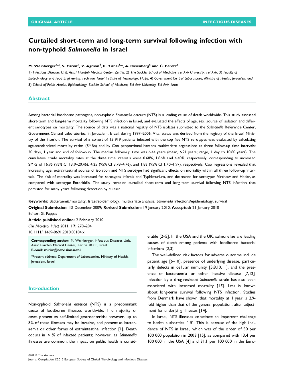 Curtailed short-term and long-term survival following infection with non-typhoid Salmonella in Israel 