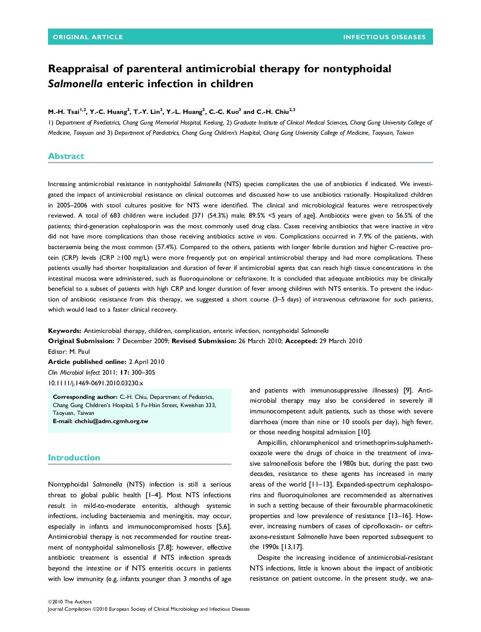 Reappraisal of parenteral antimicrobial therapy for nontyphoidal Salmonella enteric infection in children 