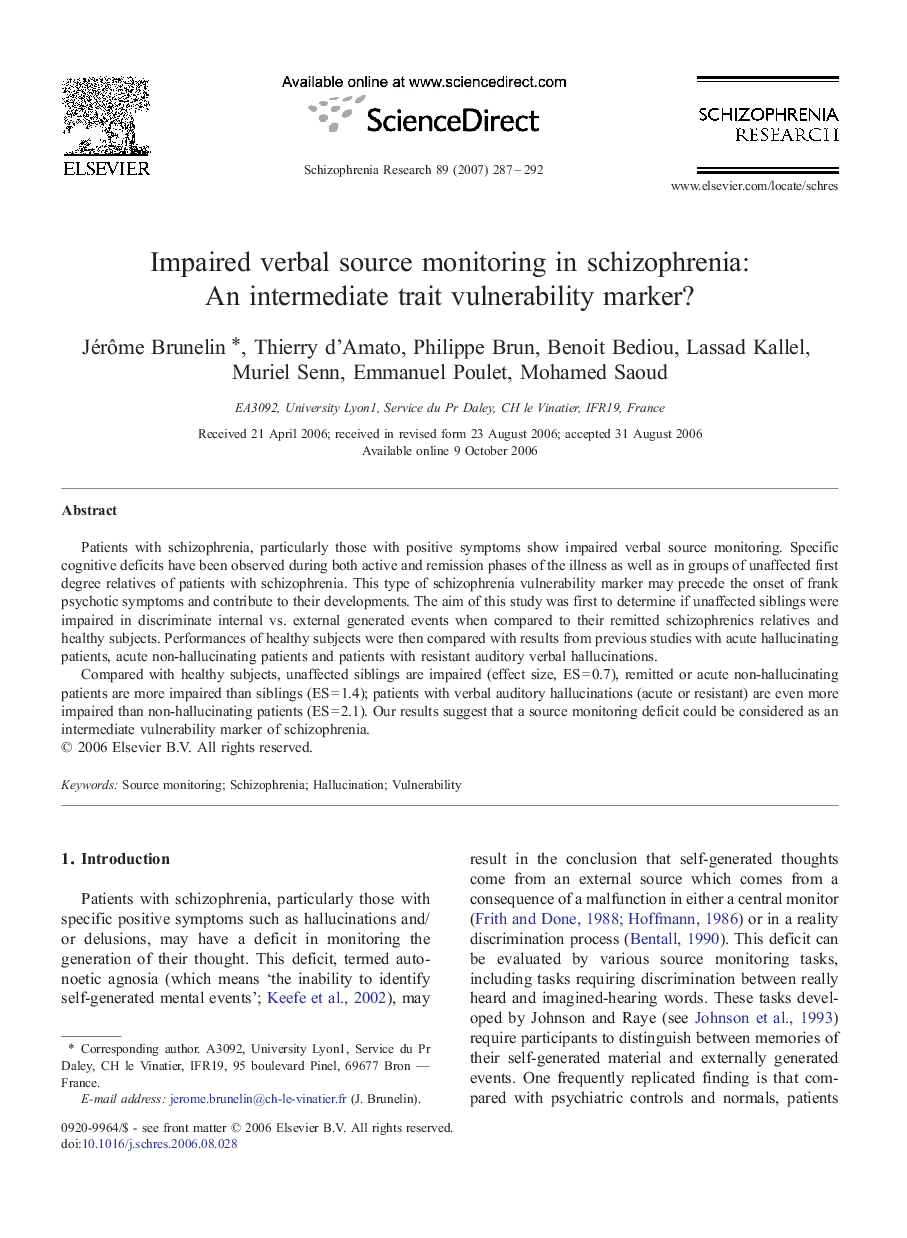 Impaired verbal source monitoring in schizophrenia: An intermediate trait vulnerability marker?