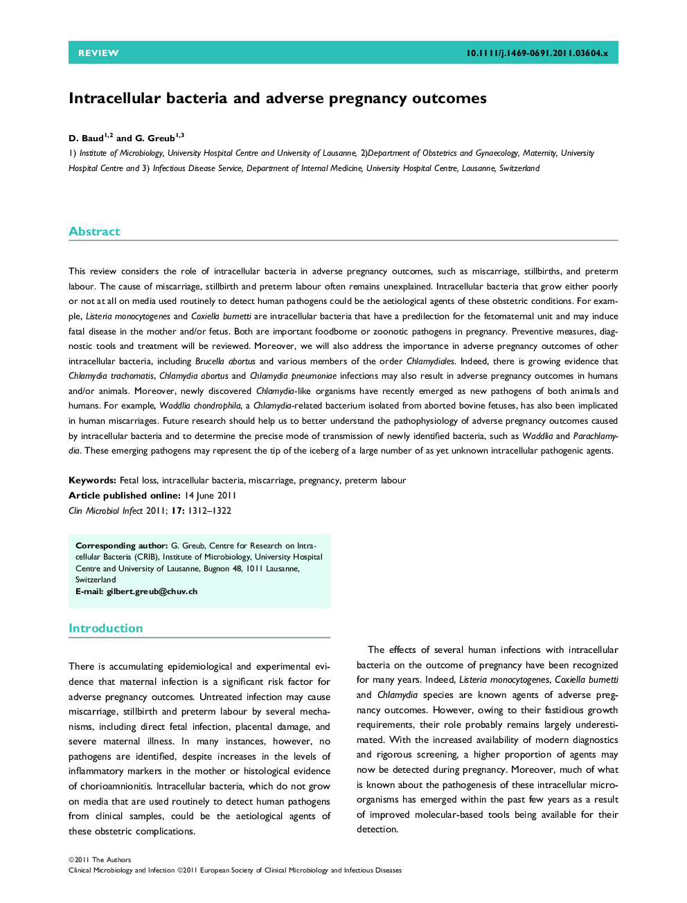 Intracellular bacteria and adverse pregnancy outcomes 