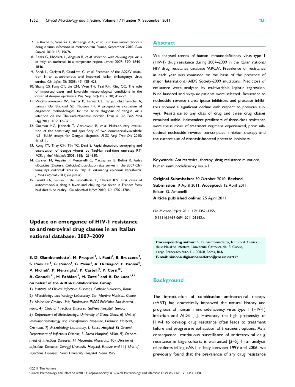 Update on emergence of HIV-1 resistance to antiretroviral drug classes in an Italian national database: 2007–2009 