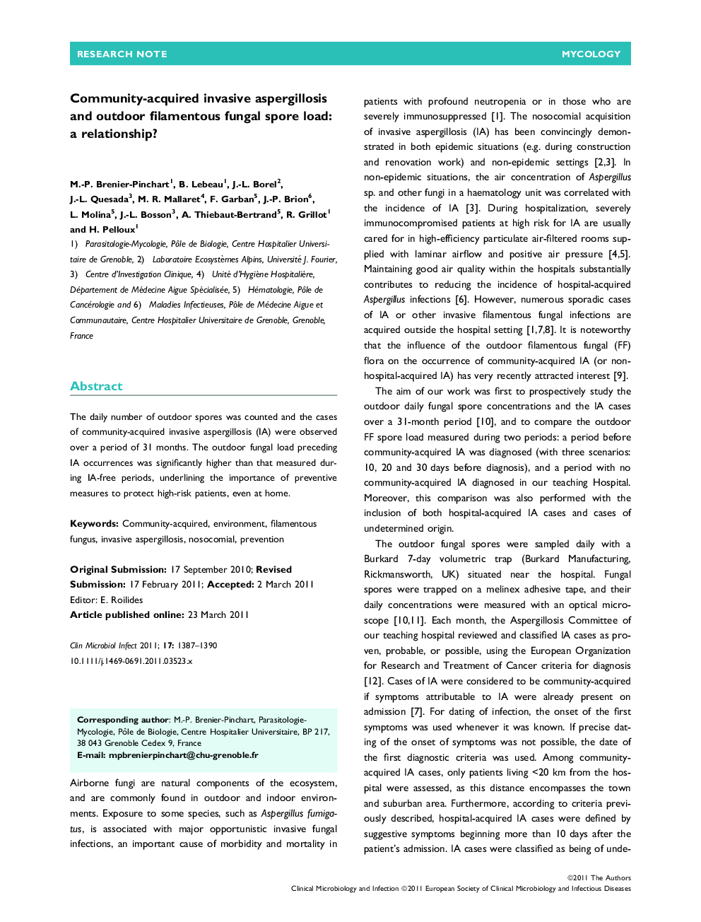 Community-acquired invasive aspergillosis and outdoor filamentous fungal spore load: a relationship? 