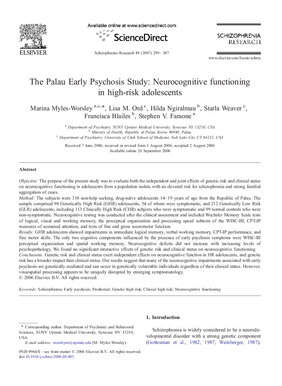 The Palau Early Psychosis Study: Neurocognitive functioning in high-risk adolescents