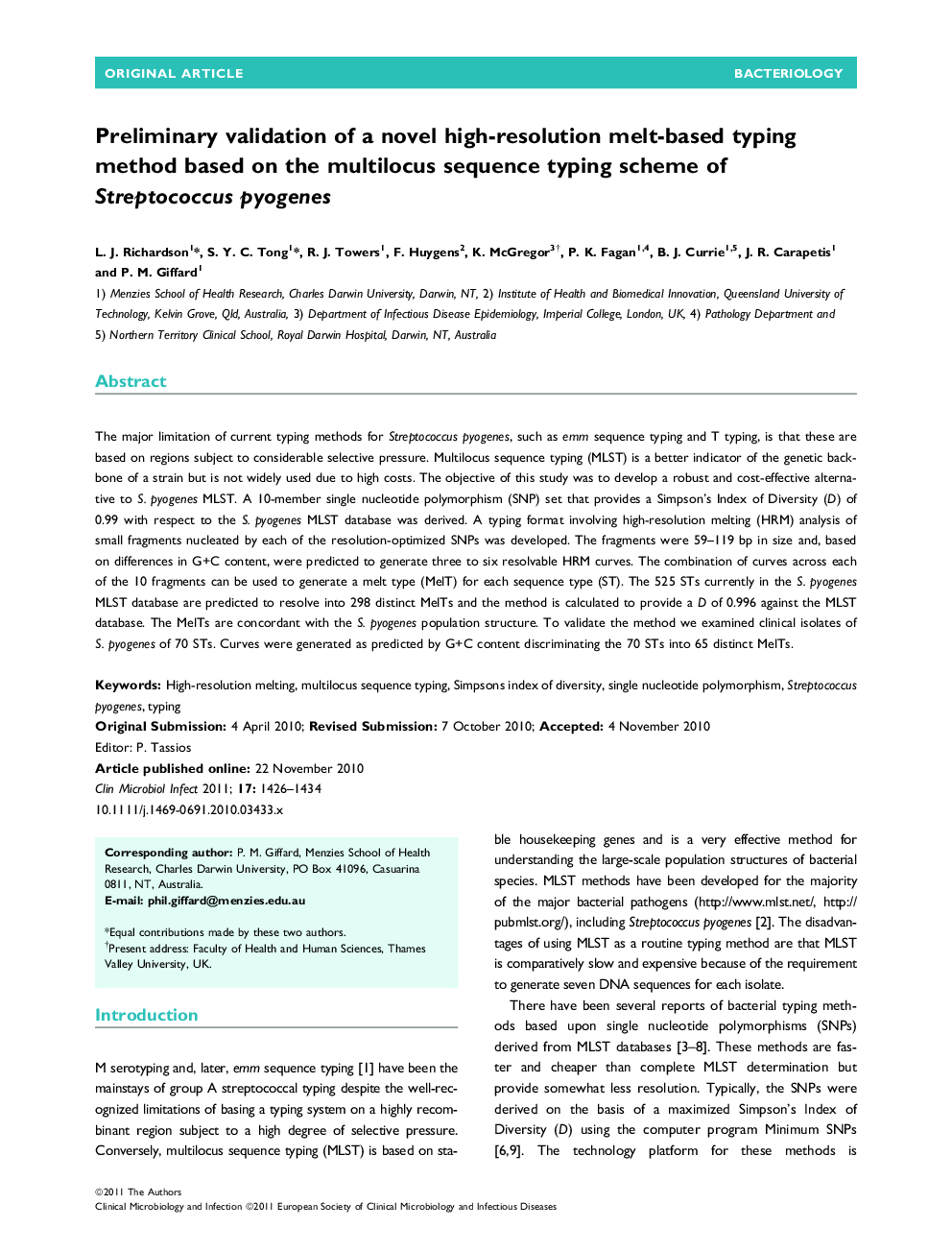 Preliminary validation of a novel high-resolution melt-based typing method based on the multilocus sequence typing scheme of Streptococcus pyogenes 