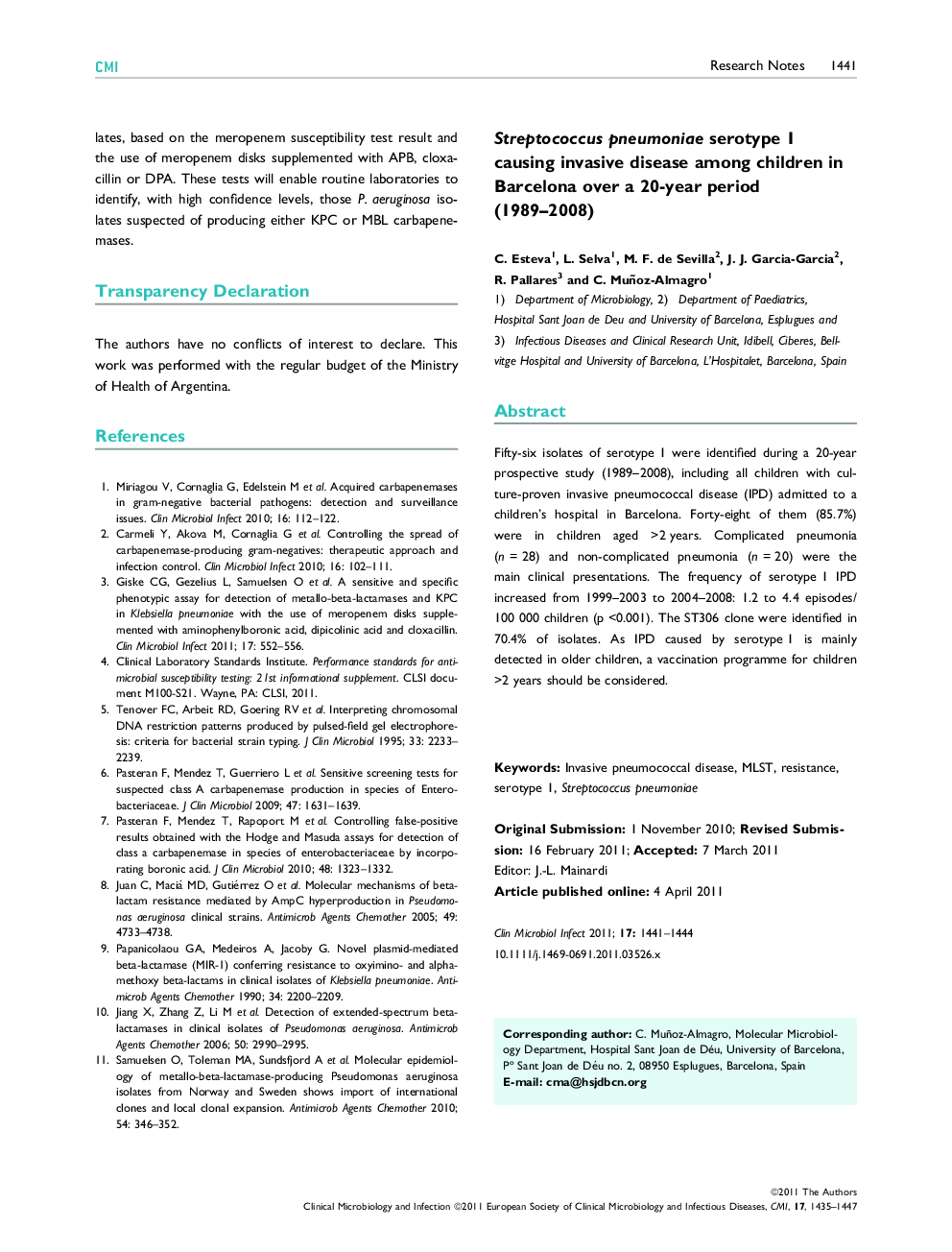 Streptococcus pneumoniae serotype 1 causing invasive disease among children in Barcelona over a 20-year period (1989–2008) 