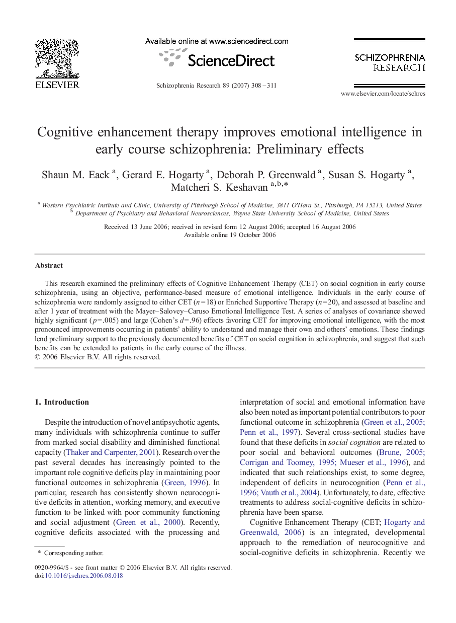 Cognitive enhancement therapy improves emotional intelligence in early course schizophrenia: Preliminary effects