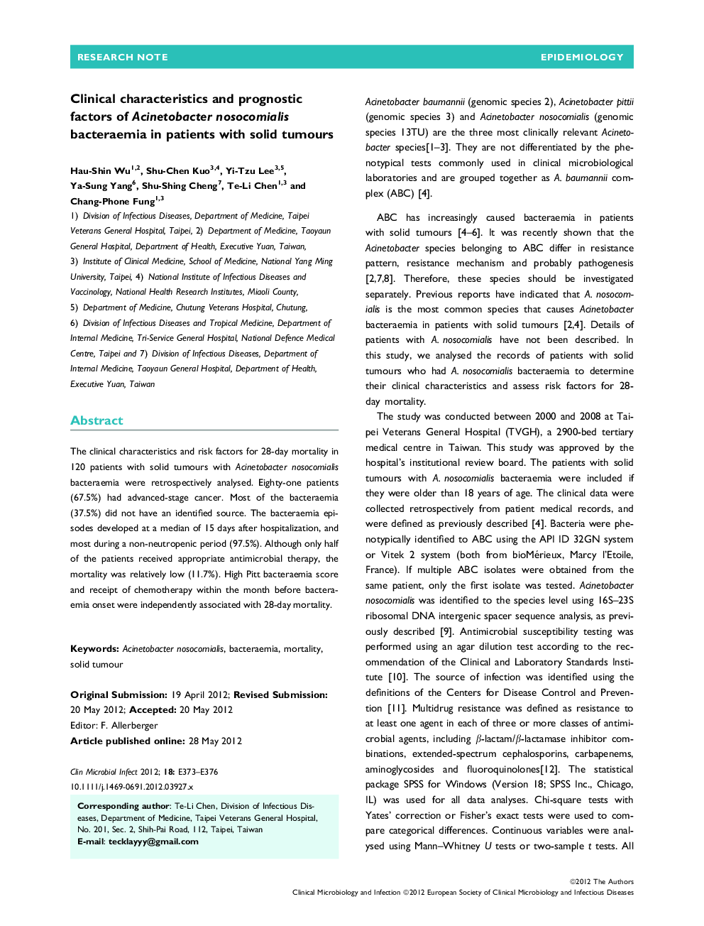 Clinical characteristics and prognostic factors of Acinetobacter nosocomialis bacteraemia in patients with solid tumours 