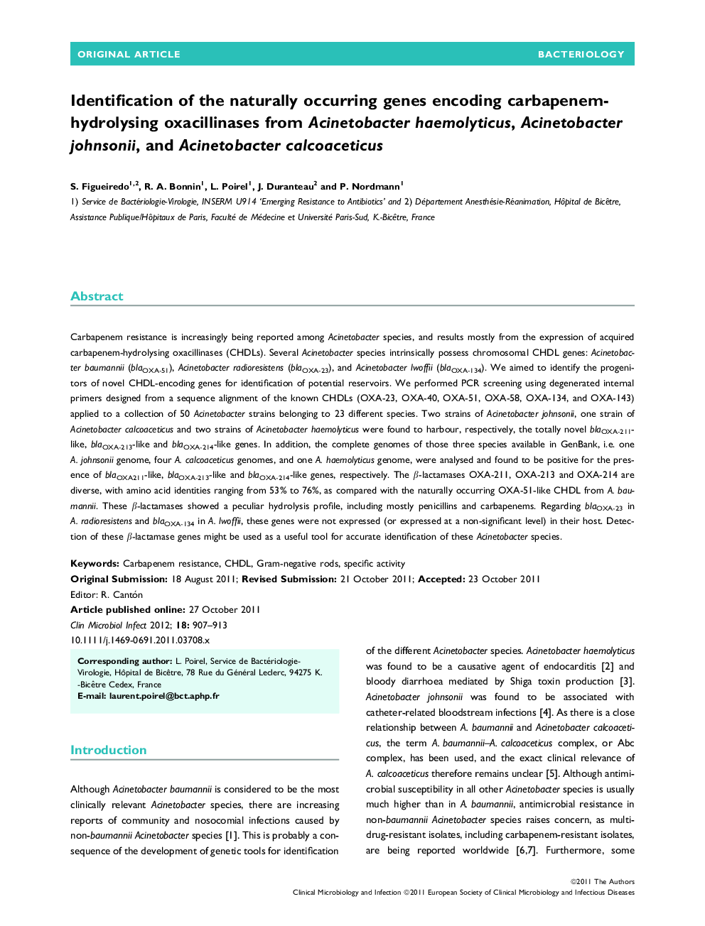 Identification of the naturally occurring genes encoding carbapenem-hydrolysing oxacillinases from Acinetobacter haemolyticus, Acinetobacter johnsonii, and Acinetobacter calcoaceticus 