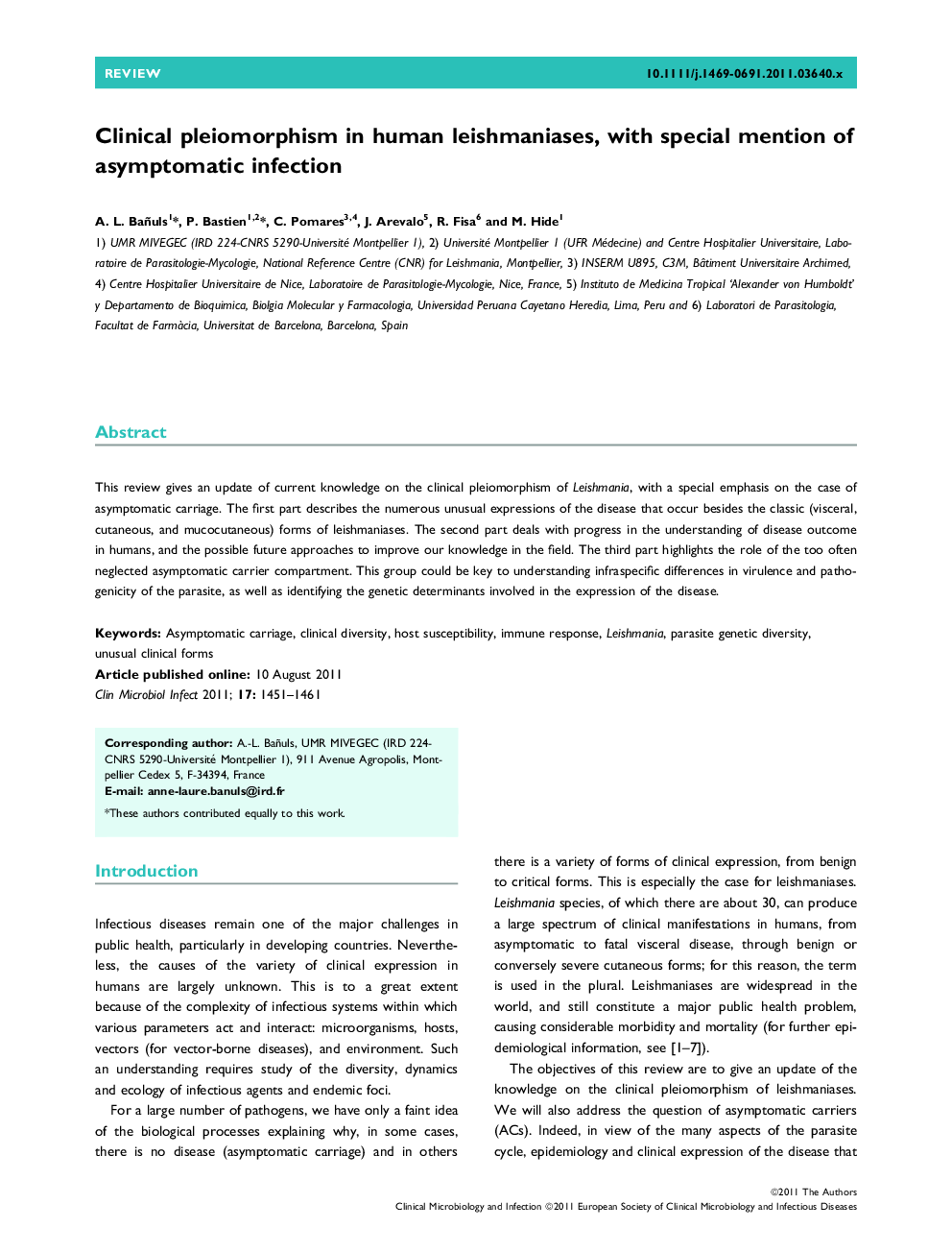 Clinical pleiomorphism in human leishmaniases, with special mention of asymptomatic infection