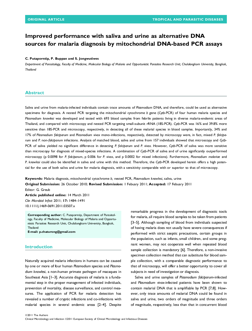 Improved performance with saliva and urine as alternative DNA sources for malaria diagnosis by mitochondrial DNA-based PCR assays 